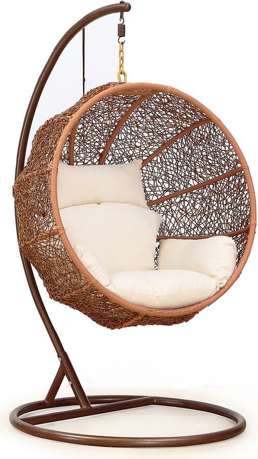 Manhattan Comfort Outdoor Chairs - Zolo Metal and Rattan Hanging Lounge Egg Patio Swing with Cream Cushion