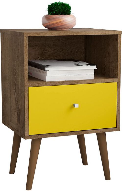 Manhattan Comfort Nightstands & Side Tables - Liberty Mid-Century - Modern Nightstand 1.0 with 1 Cubby Space & 1 Drawer in Rustic Brown & Yellow