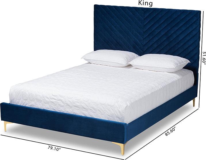 Wholesale Interiors Beds - Fabrico Glam and Luxe Navy Blue Velvet Fabric Upholstered and Gold Metal Full Size Platform Bed