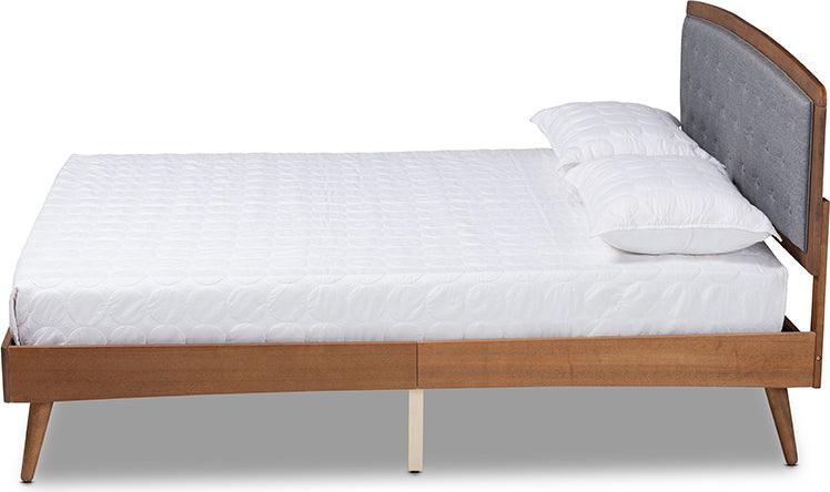 Wholesale Interiors Beds - Ratana Mid-Century Modern Grey Fabric and Brown Wood King Size Platform Bed