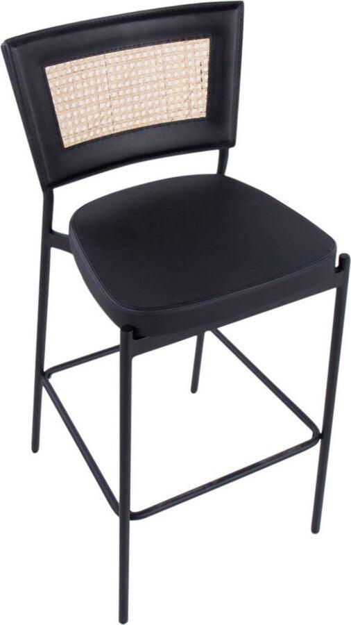 Lumisource Barstools - Rattan Tania Bar Stool In Black Metal, Black Faux Leather, & Rattan Back (Set of 2)
