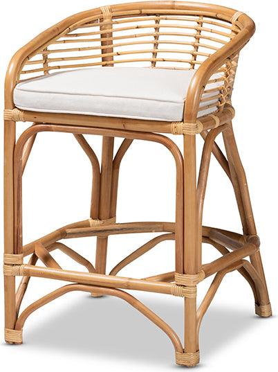 Wholesale Interiors Barstools - Maverick Modern Bohemian White Fabric Upholstered and Natural Brown Rattan Counter Stool