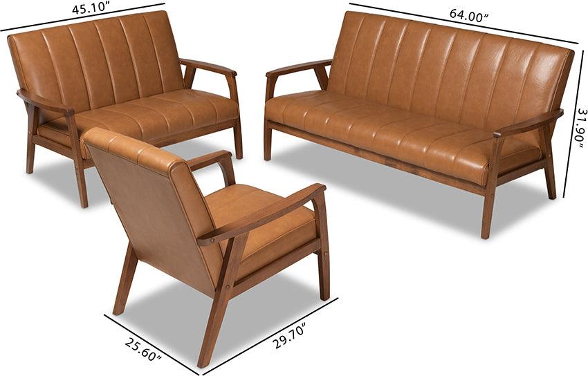 Wholesale Interiors Living Room Sets - Nikko Tan Faux Leather Upholstered and Walnut Brown finished Wood 3-Piece Living Room Set