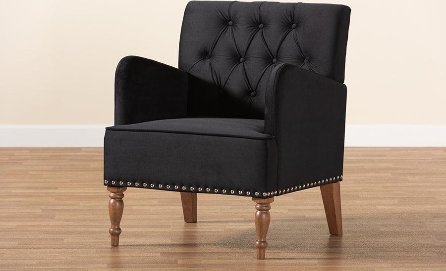 Wholesale Interiors Accent Chairs - Eri Contemporary Glam and Luxe Black Velvet and Walnut Brown Wood Armchair
