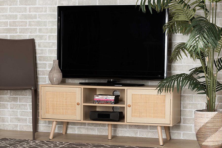 Wholesale Interiors TV & Media Units - Sebille Mid-Century Modern Light Brown Wood 2-Door TV Stand with Natural Rattan
