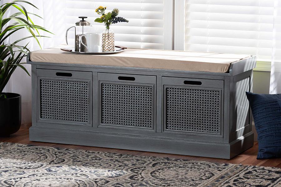 Wholesale Interiors Benches - Sheldon Beige Grey Rattan 3-Drawer Entryway Shoe Storage Bench