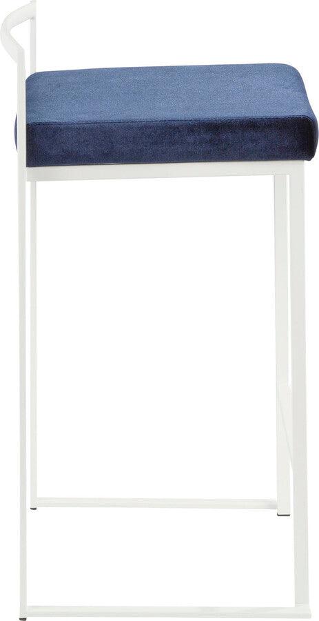 Lumisource Barstools - Fuji Contemporary Stackable Counter Stool in White with Blue Velvet Cushion - Set of 2