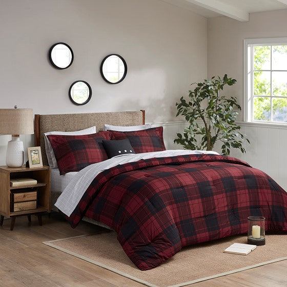 Olliix.com Comforters & Blankets - 6 Piece Reversible Comforter Set with Bed Sheets Red Plaid Twin