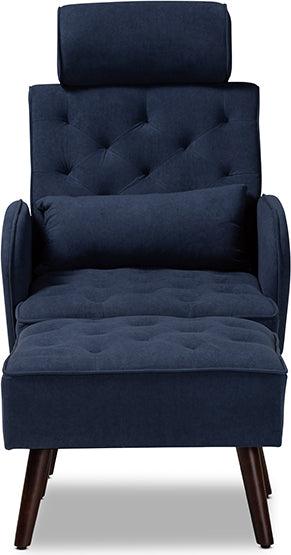 Wholesale Interiors Living Room Sets - Haldis Navy Blue velvet and Walnut Brown Finished Wood 2-Piece Recliner Chair and Ottoman Set