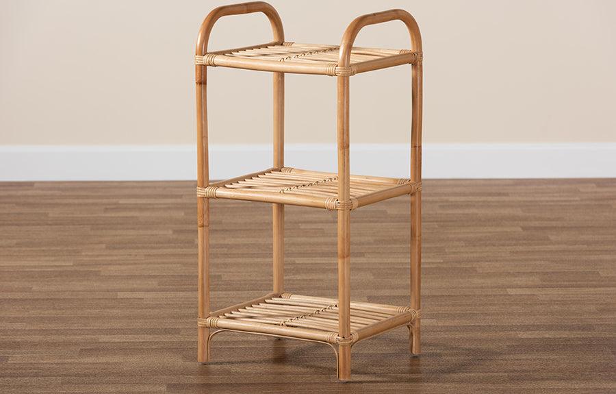 Wholesale Interiors Bookcases & Display Units - Barras Modern Bohemian Natural Brown Finished Rattan 3-Tier Display Shelf