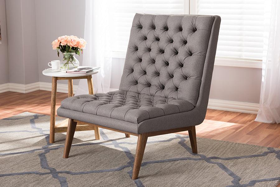 Wholesale Interiors Accent Chairs - Annetha Mid-Century Modern Grey Fabric Upholstered Walnut Finished Wood Lounge Chair