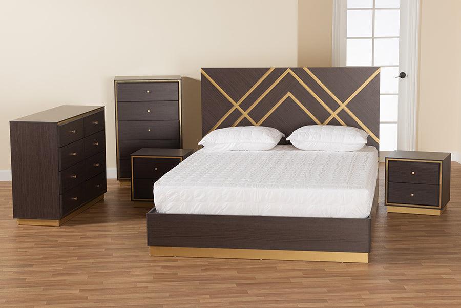 Wholesale Interiors Bedroom Sets - Arcelia Two-Tone Dark Brown and Gold Finished Wood Queen Size 5-Piece Bedroom Set