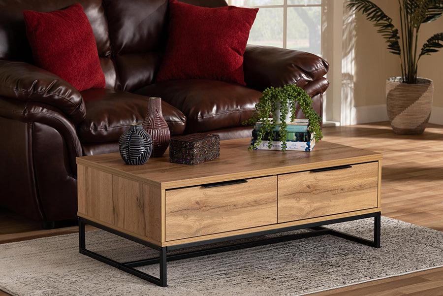 Wholesale Interiors Coffee Tables - Franklin Oak Brown Finished Wood and Black Finished Metal 2-Drawer Coffee Table