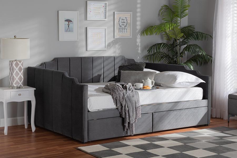 Wholesale Interiors Daybeds - Gulliver Modern and Contemporary Grey Velvet Fabric Upholstered 2-Drawer Daybed