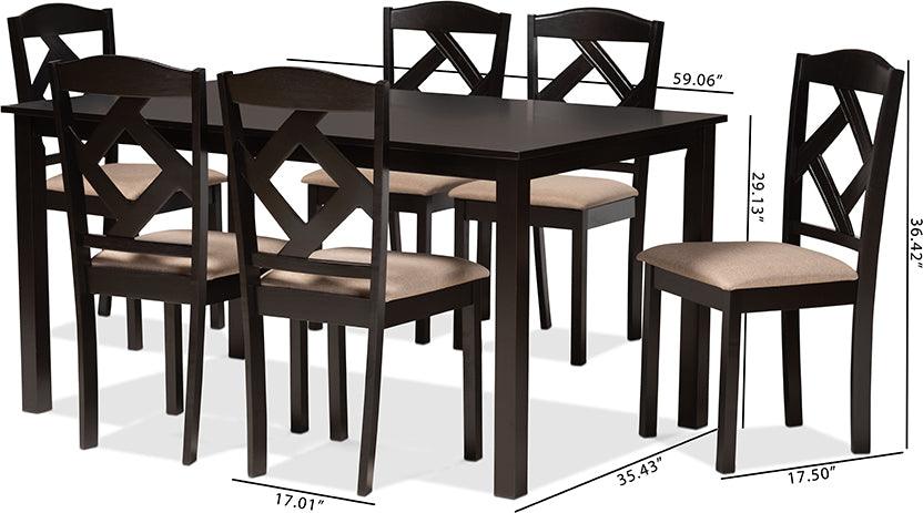 Wholesale Interiors Dining Sets - Ruth Sand Fabric Upholstered and Dark Brown Finished Wood 7-Piece Dining Set