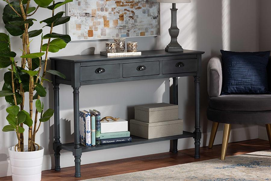 Wholesale Interiors Consoles - Garvey French Provincial Grey Finished Wood 3-Drawer Entryway Console Table