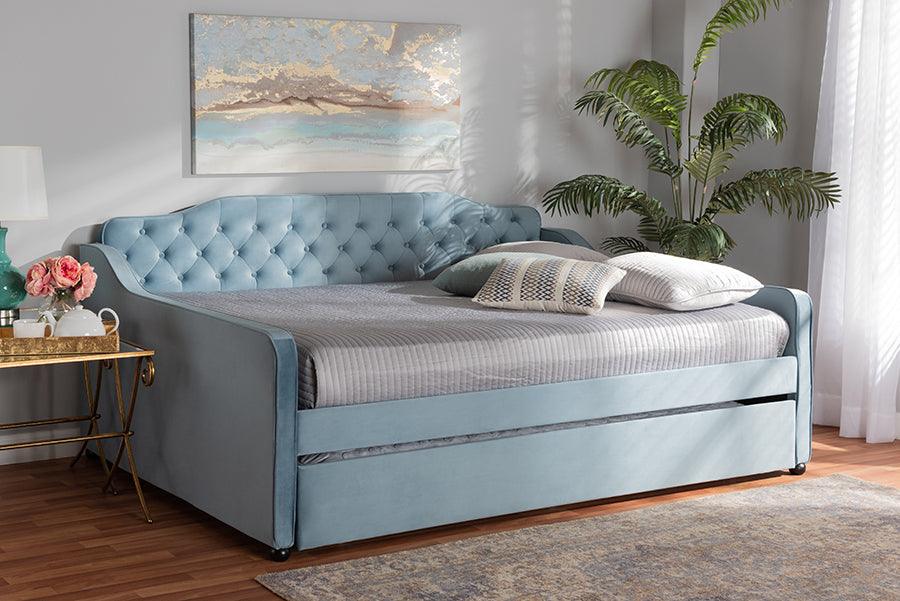 Wholesale Interiors Daybeds - Freda Contemporary Blue Velvet and Button Tufted Queen Size Daybed with Trundle