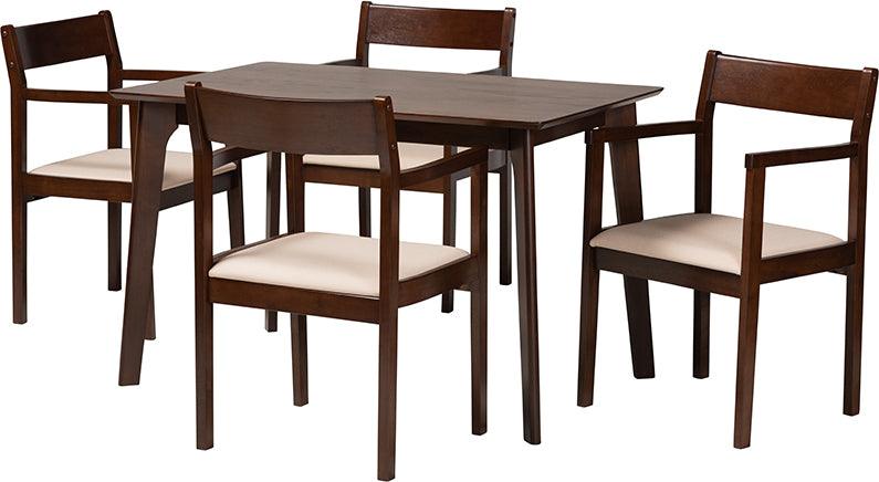 Wholesale Interiors Dining Sets - Helene Mid-Century Modern Cream Fabric And Dark Brown Finished Wood 5-Piece Dining Set