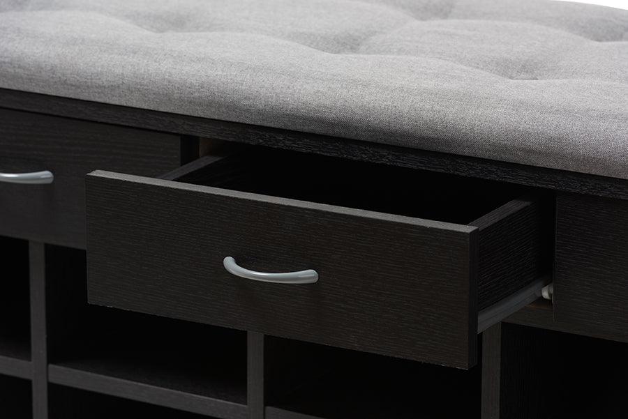 Wholesale Interiors Shoe Storage - Contemporary Espresso Finished Grey Fabric Upholstered Cushioned Entryway Bench