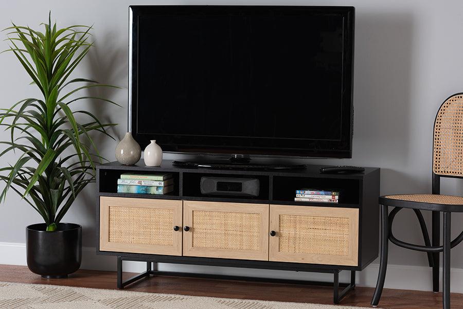 Wholesale Interiors TV & Media Units - Declan Mid-Century Modern Espresso Brown Finished Wood and Natural Rattan 3-Door TV Stand