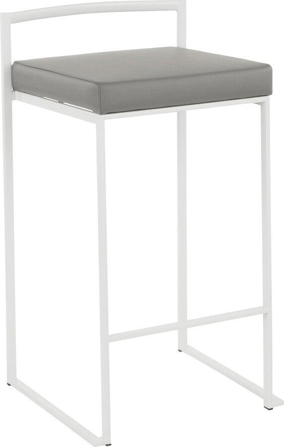 Lumisource Barstools - Fuji Contemporary Stackable Counter Stool in White with Grey Faux Leather Cushion - Set of 2