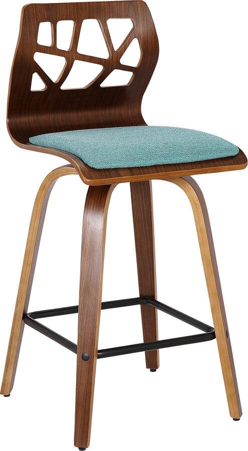 Lumisource Barstools - Folia Mid-Century Modern Counter Stool in Walnut Wood and Teal Fabric - Set of 2