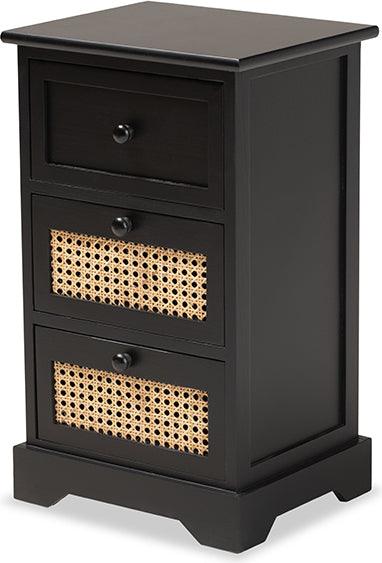 Wholesale Interiors Cabinets & Wardrobes - Dacey Mid-Century Modern Espresso Brown Wood and Rattan 3-Drawer Storage Cabinet