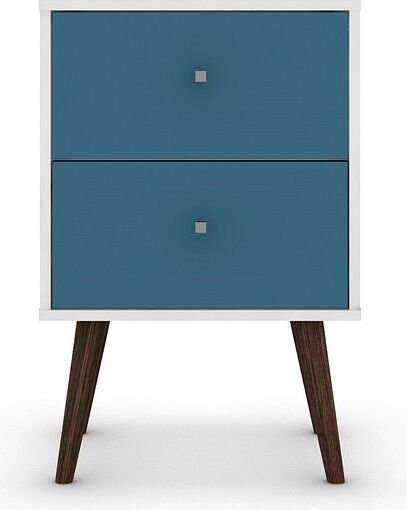 Manhattan Comfort Nightstands & Side Tables - Liberty Mid-Century - Modern Nightstand 2.0 with 2 Full Extension Drawers in White & Aqua Blue with