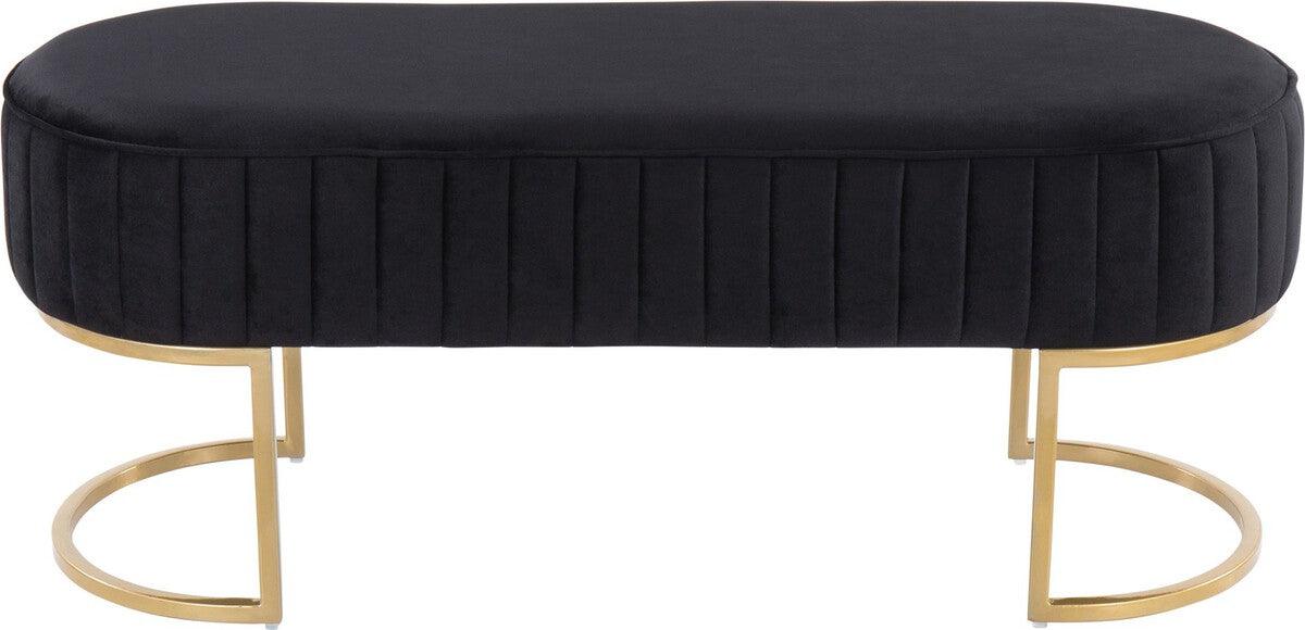 Lumisource Benches - Demi Glam Pleated Bench in Gold Steel and Black Velvet