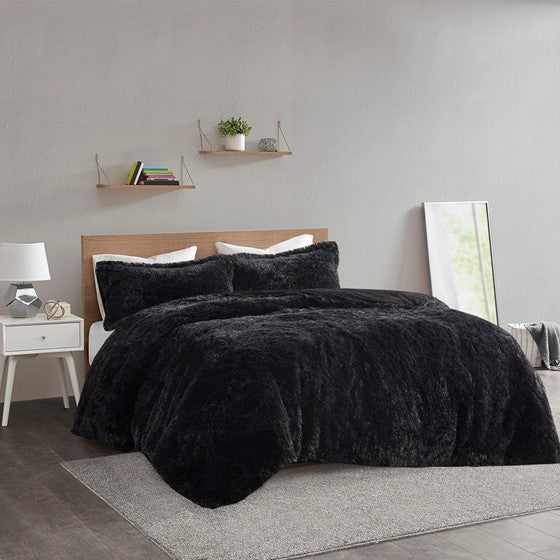 Olliix.com Duvet & Duvet Sets - Shaggy Fur Duvet Cover Set Black Twin