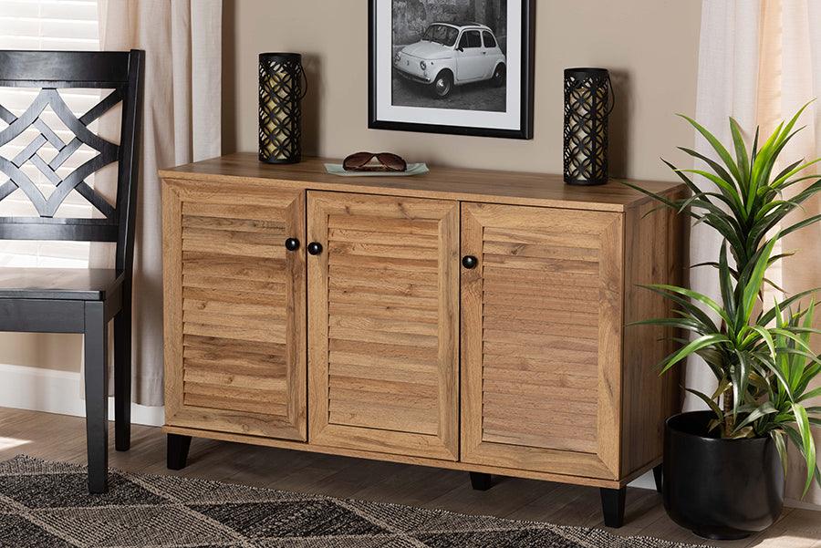 Wholesale Interiors Shoe Storage - Coolidge Oak Brown Finished Wood 3-Door Shoe Storage Cabinet