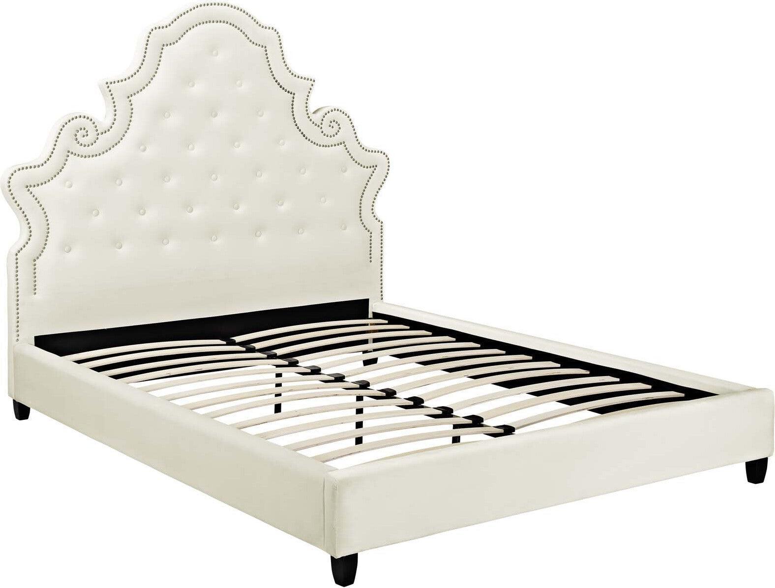 Modway Beds - Valentina Queen Tufted Nailhead Performance Velvet Platform Bed Ivory