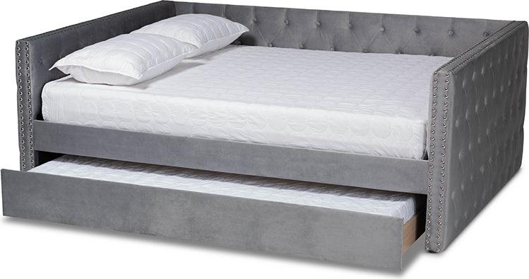 Wholesale Interiors Daybeds - Larkin Grey Velvet Fabric Upholstered Queen Size Daybed with Trundle