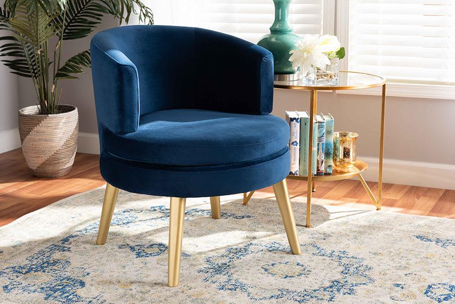 Wholesale Interiors Accent Chairs - Baptiste Glam and Luxe Navy Blue Velvet Fabric Upholstered and Gold Finished Wood Accent Chair