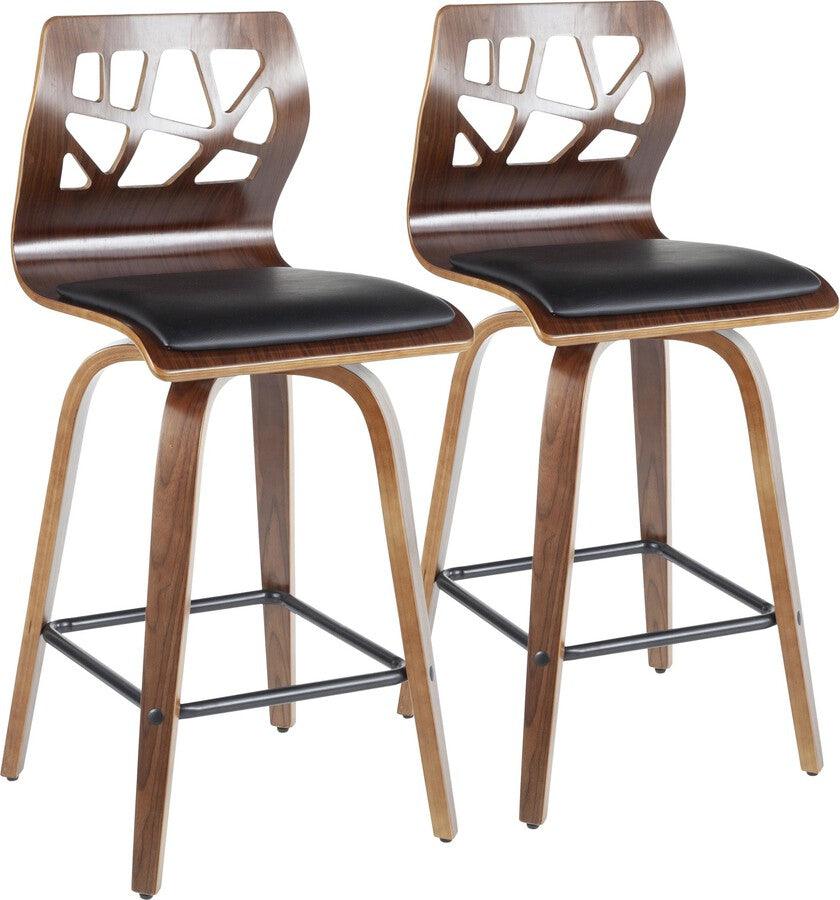 Lumisource Barstools - Folia Mid-Century Modern Counter Stool in Walnut Wood and Black Faux Leather - Set of 2