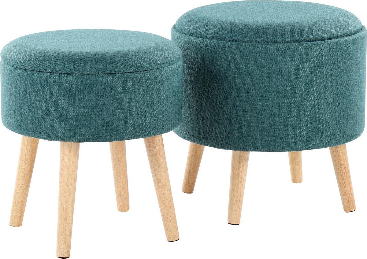 Lumisource Ottomans & Stools - Tray Contemporary Storage Ottoman With Matching Stool In Teal Fabric & Natural Wood Legs