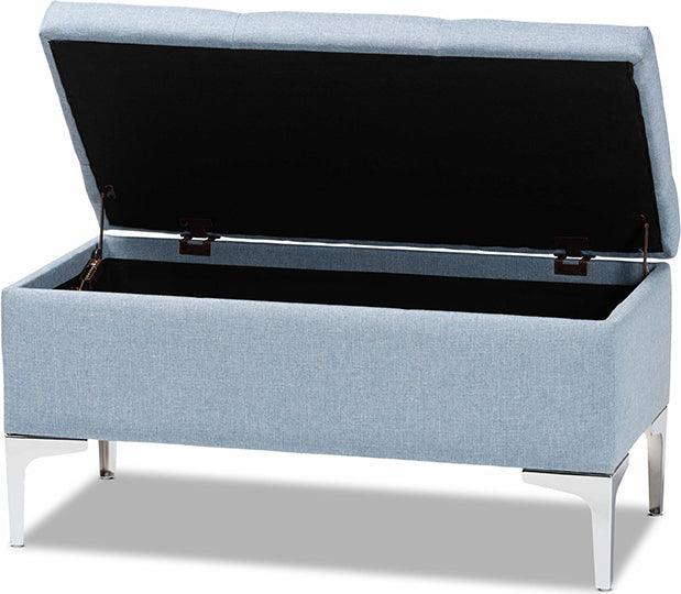 Wholesale Interiors Ottomans & Stools - Mabel Light Blue Fabric Upholstered and Silver Finished Metal Storage Ottoman