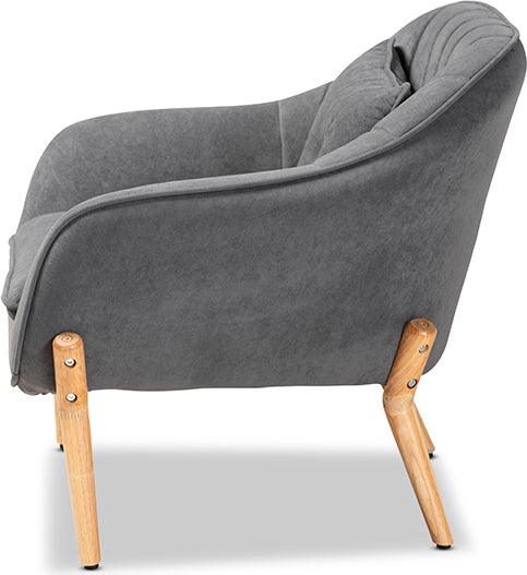 Wholesale Interiors Accent Chairs - Valentina Grey Velvet Fabric Upholstered and Natural Wood Finished Armchair