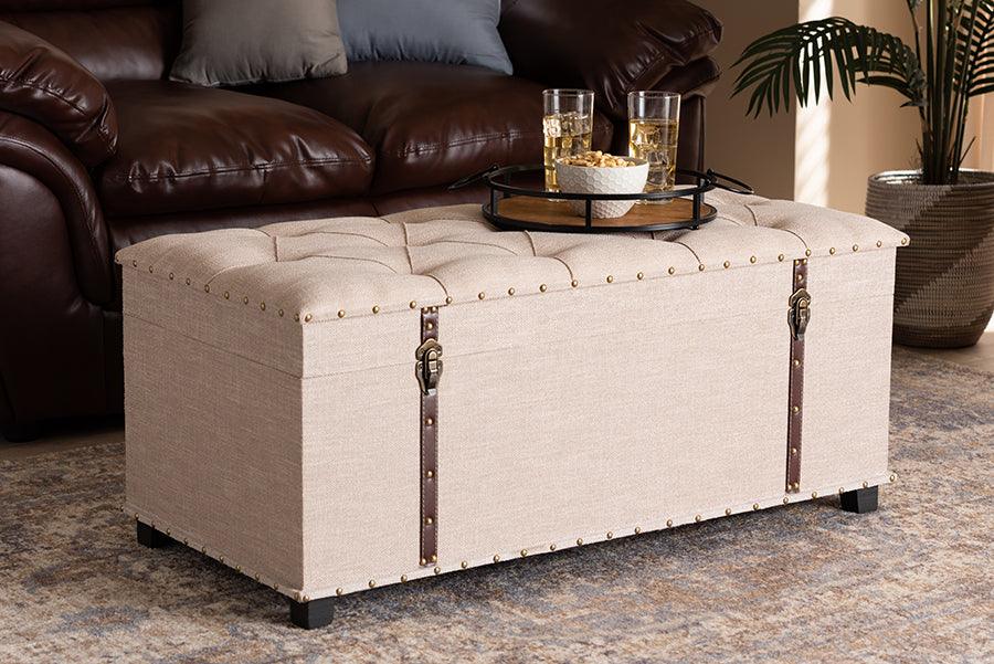 Wholesale Interiors Ottomans & Stools - Kyra Modern and Contemporary Beige Fabric Upholstered Storage Trunk Ottoman