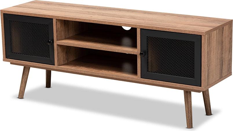 Wholesale Interiors TV & Media Units - Yuna Mid-Century Modern Transitional Brown Wood and Black Metal 2-Door TV Stand