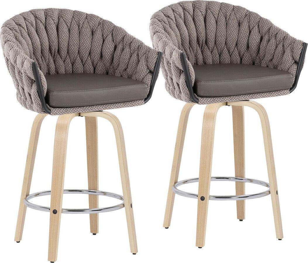 Lumisource Barstools - Braided Matisse Counter Stool With Natural Wood Legs & Round Chrome Footrest With Grey (Set of 2)