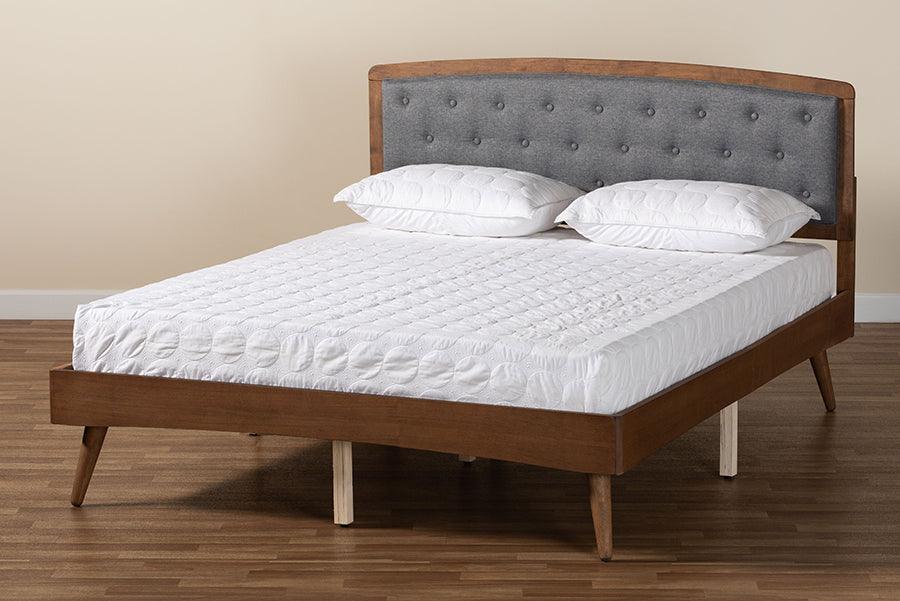 Wholesale Interiors Beds - Ratana Mid-Century Modern Grey Fabric and Brown Wood Full Size Platform Bed