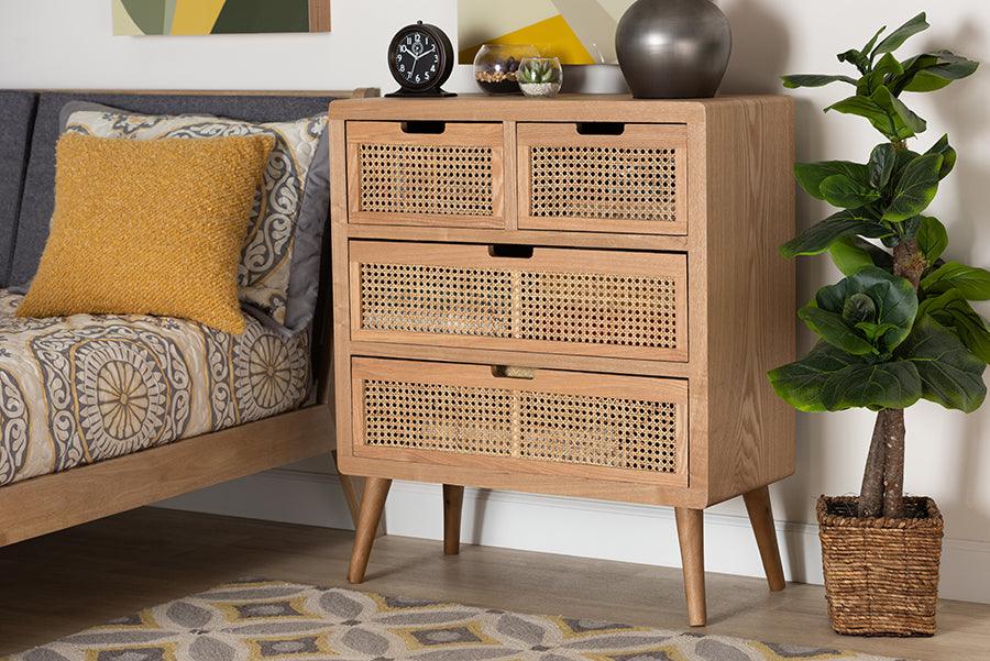 Wholesale Interiors Buffets & Cabinets - Alina Mid-Century Modern Medium Oak Finished Wood and Rattan 4-Drawer Accent Storage Cabinet