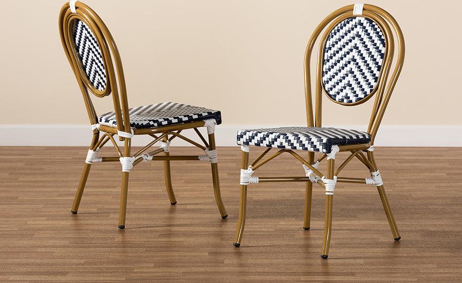 Wholesale Interiors Outdoor Dining Chairs - Alaire Indoor and Outdoor Blue and White Bamboo Style Stackable 2-Piece Bistro Dining Chair Set