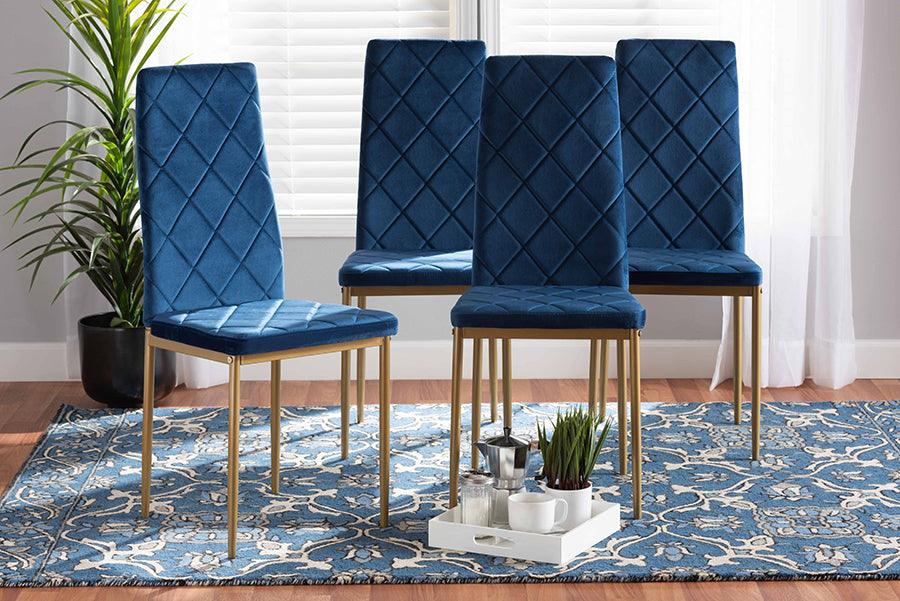 Wholesale Interiors Dining Chairs - Blaise Navy Blue Velvet Fabric Upholstered and Gold Finished Metal 4-Piece Dining Chair Set