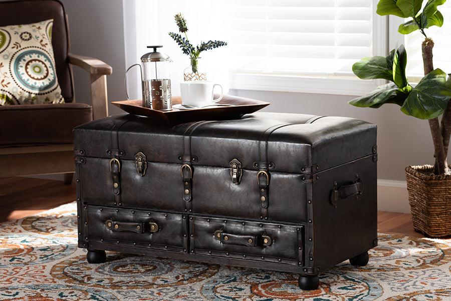 Wholesale Interiors Ottomans & Stools - Callum Transitional Brown Faux Leather Upholstered 2-Drawer Storage Trunk Ottoman