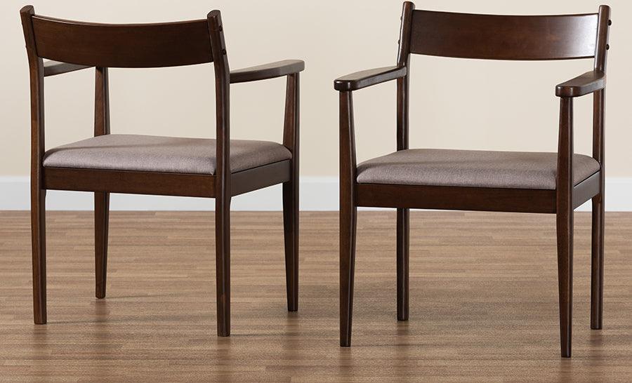 Wholesale Interiors Dining Chairs - Coretta Mid-Century Modern Warm Grey Fabric and Dark Brown Finished Wood 2-Piece Dining Chair Set