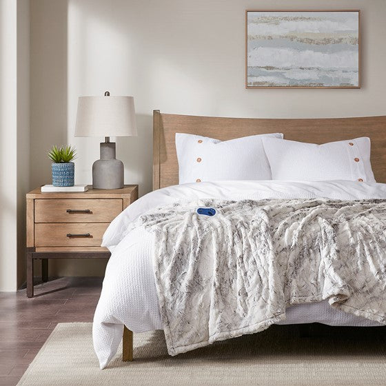 Olliix.com Heated Blankets - Oversized Faux Fur Heated Throw Natural Marble