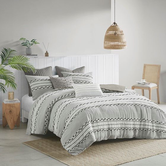 Olliix.com Duvet & Duvet Sets - 3 Piece Organic Cotton Jacquard Duvet Cover Set Charcoal Full/Queen