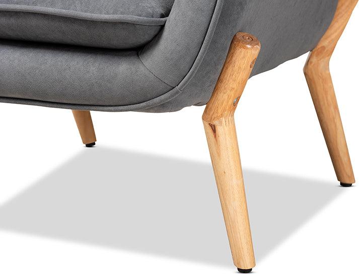 Wholesale Interiors Accent Chairs - Valentina Grey Velvet Fabric Upholstered and Natural Wood Finished Armchair